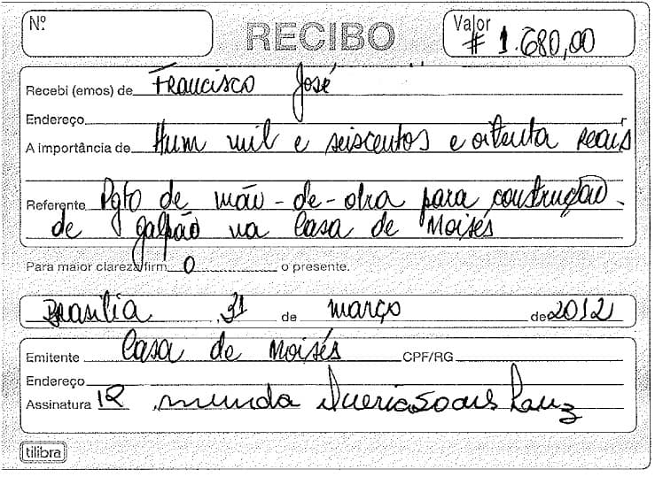 Imagem de um recibo escrito a mão